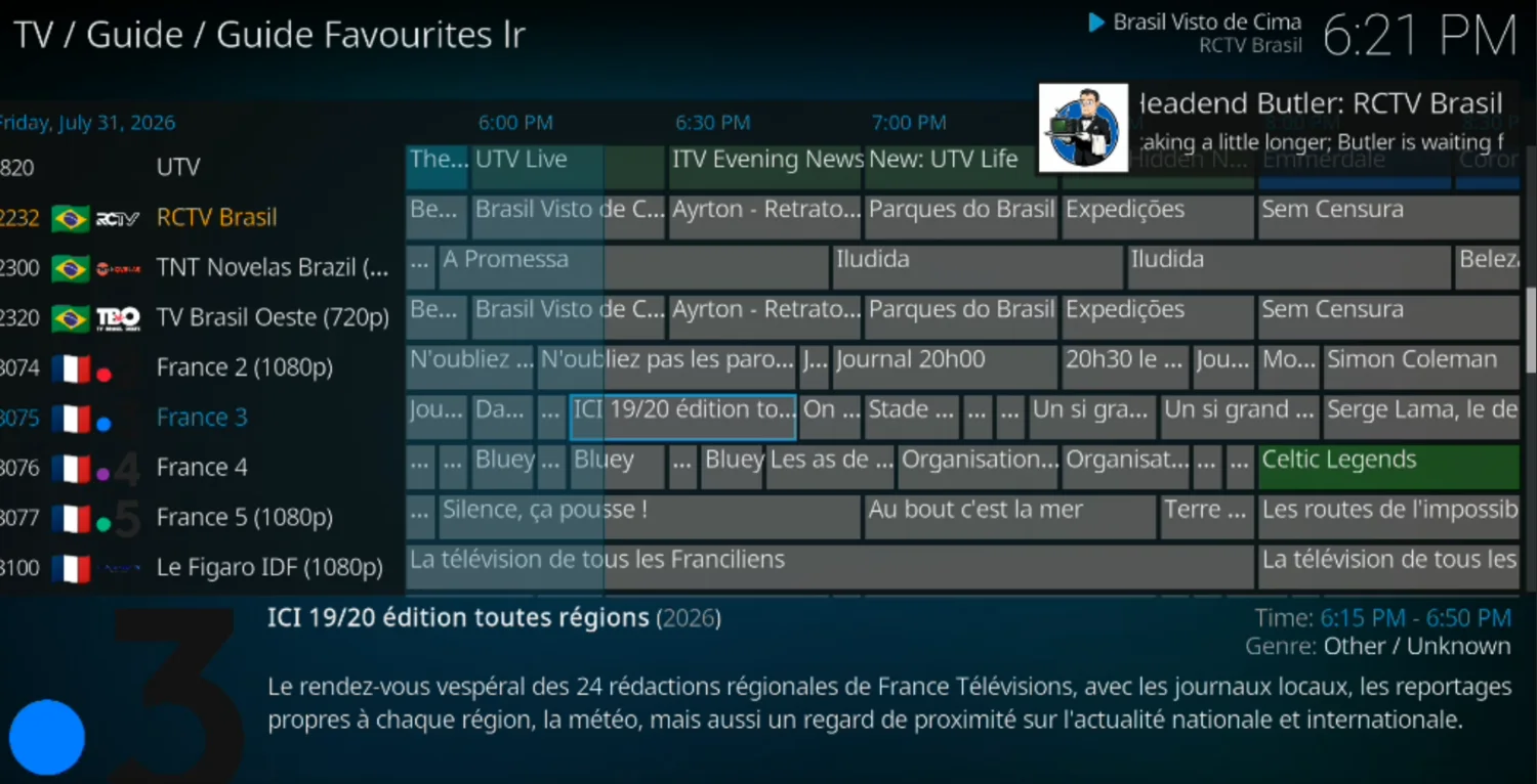 Kodi television guide managed by TVHeadend Butler